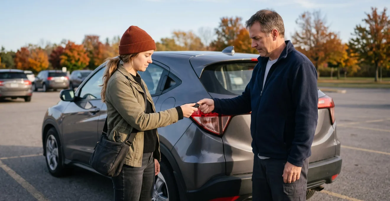 Une voyageuse récupère les clés d'un véhicule de location auprès d'un agent sur un parking au Canada.