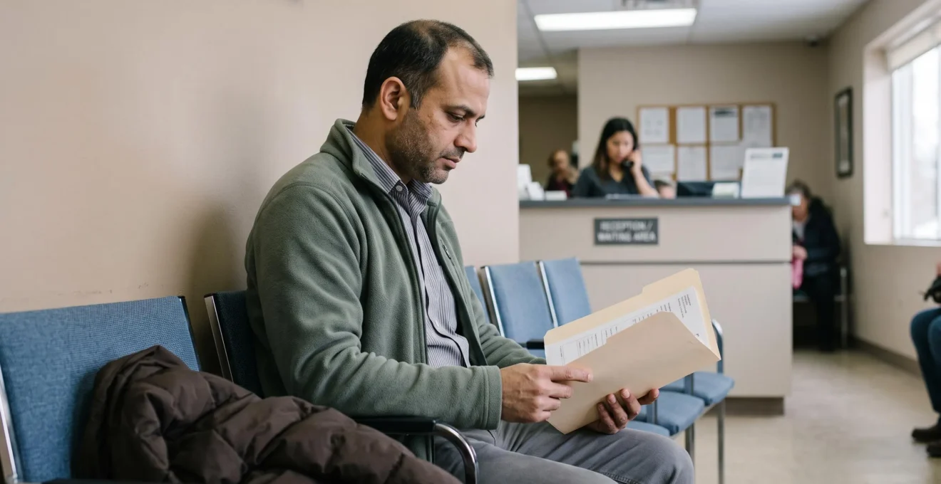 Un visiteur assis dans une salle d'attente de clinique au Canada consulte son dossier d'assurance voyage.
