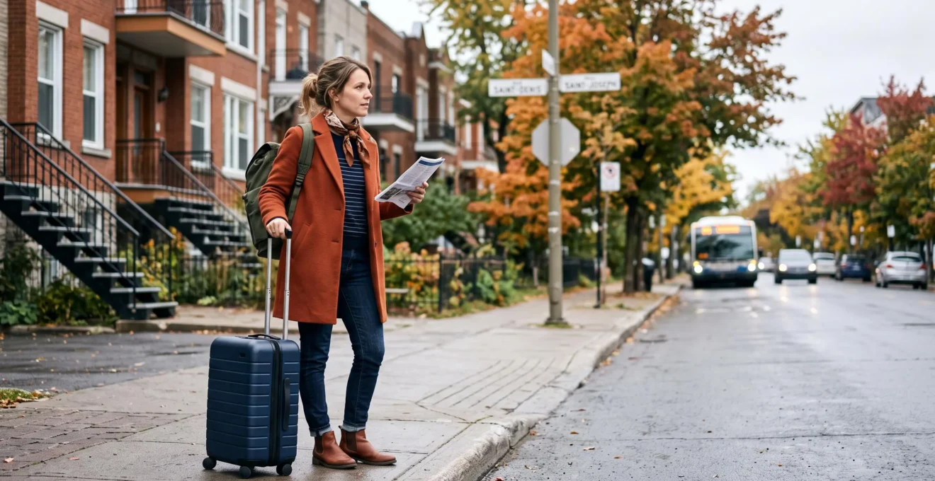 Une voyageuse avec une valise se tient sur un trottoir dans une ville canadienne, un document d'assurance en main.