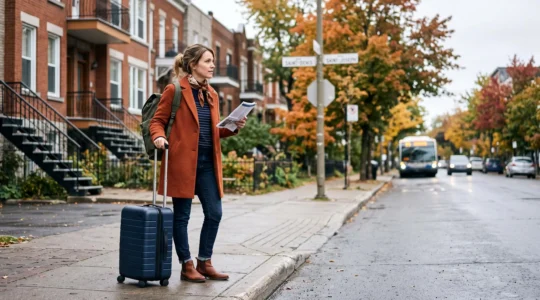 Une voyageuse avec une valise se tient sur un trottoir dans une ville canadienne, un document d'assurance en main.